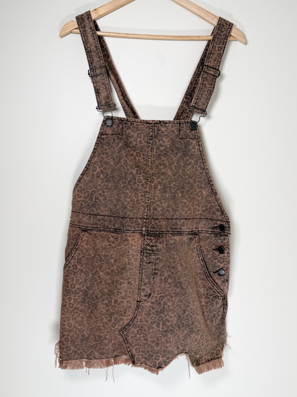 Free People Brown Leopard-Print Denim Overall Shorts